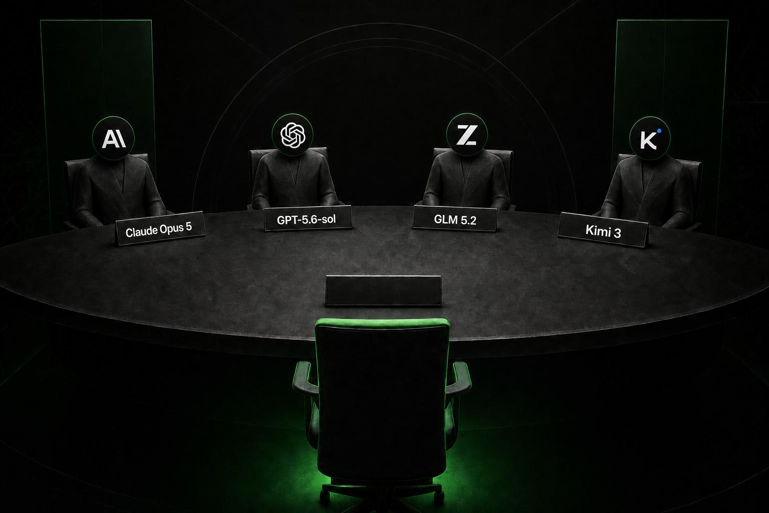 Four AI models—Claude Opus 5, GPT-5.6-sol, GLM 5.2, and Kimi 3—seated around a dark decision table with a green-lit fifth chair left empty.